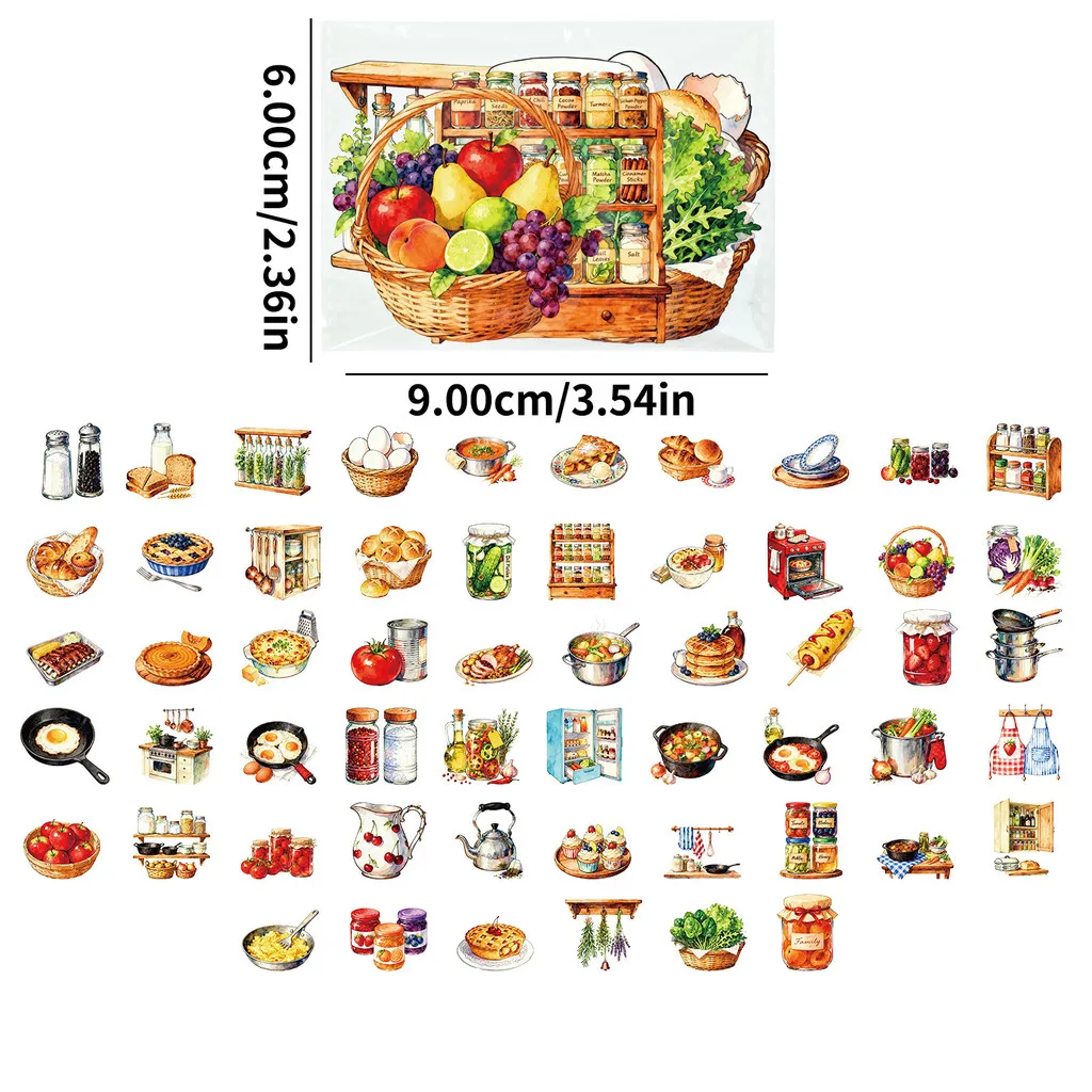 56Pcs Retro Kitchen PET Stickers, Warm Baking Food & Cookware Pattern Decals for Journal DIY Golden Memory Stickers Store