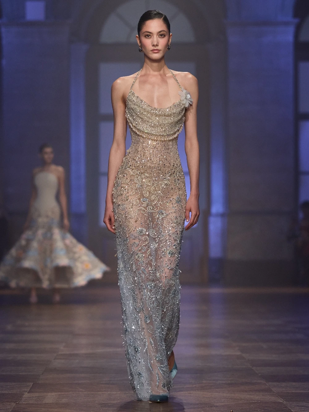 Opulent Gradient Beads Evening Gown Shimmering Spaghetti Strap Cowl Neck Tassel Fringe Prom Dress Customized Formal Events