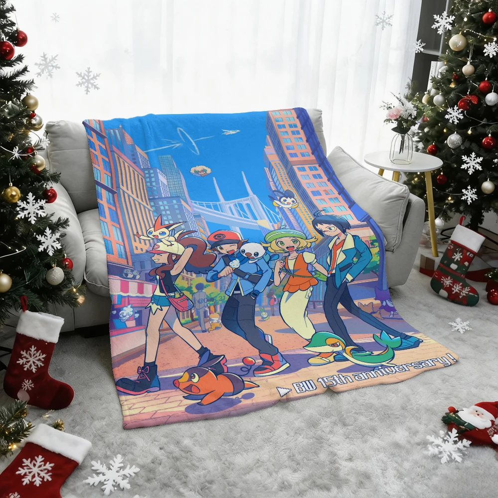 Pokemon BW Hilda Hilbert Snivy Tepig Oshawott Flannel Throw Blanket Soft Warm Sofa Bed Blanket Home Decor Gift for Kids Adults