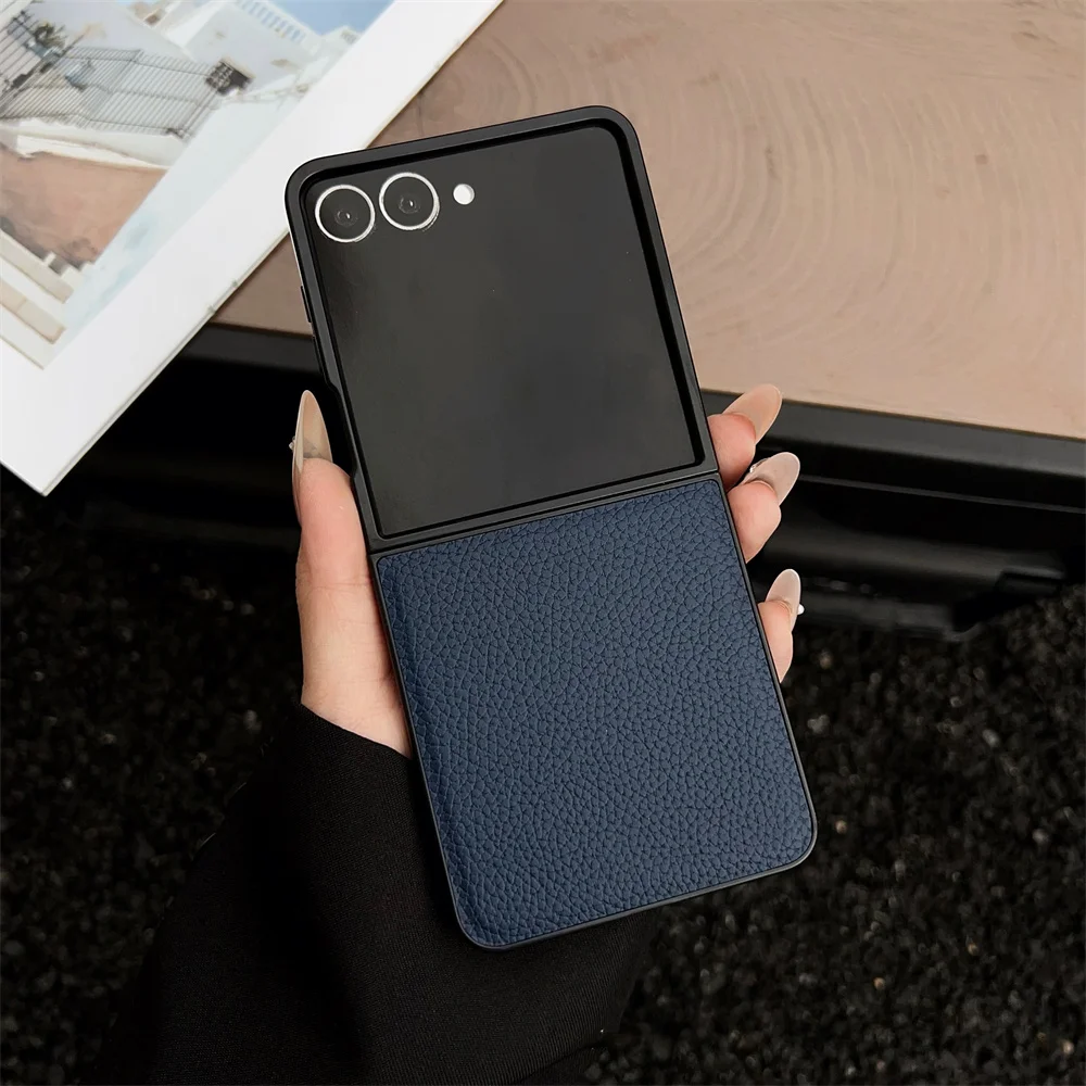 Luxuriöse Leder-Handyhülle mit Litschi-Muster für Samsung Galaxy Z Flip 7, 6, 5, 4, 3, ZFlip6, Flip5, Flip4, Flip7, FE, stoßfeste Softcover