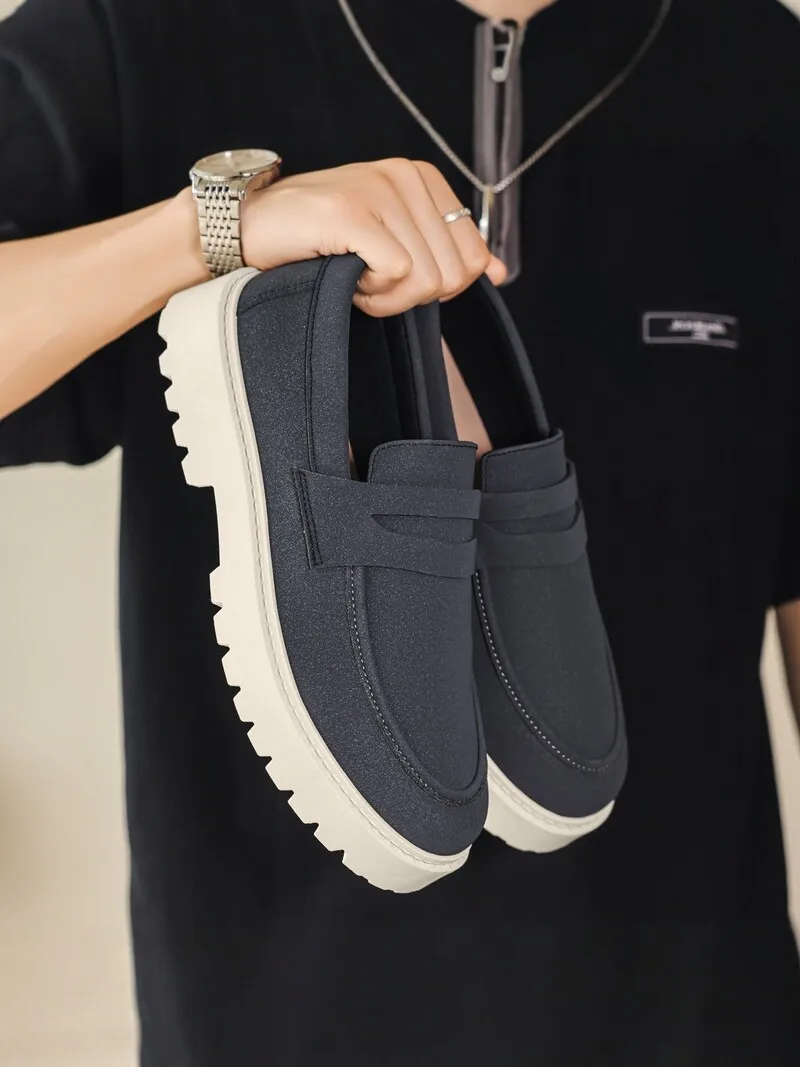 Men's Slip-On Shoes Retro Nubuck Casual Thick Bottom Heightening Loafers Large Size 45  Breathable round Toe Rubber Outsole