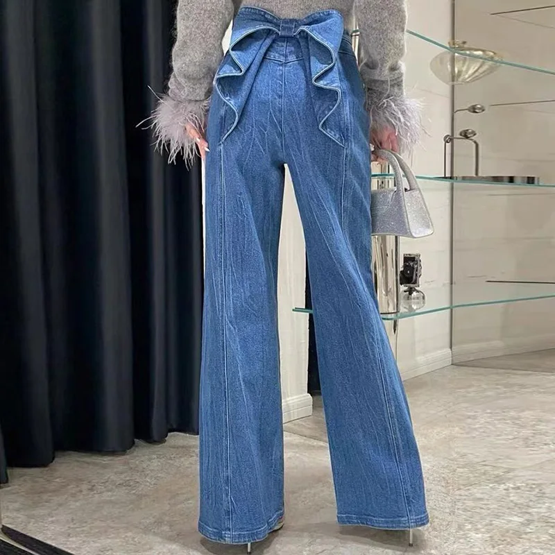 Pantalones de pierna ancha rectos de cintura alta para chica picante, pantalones sueltos con bolsillo a la moda para ir al trabajo, pantalones vaqueros con diseño de lazo en la espalda para mujer