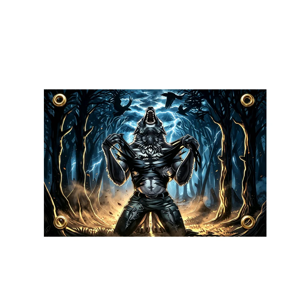 Werewolf Forest Lightning Crow Fantasy Art Flag 2x3ft 3x5ft Polyester Banner Indoor Outdoor Garden Wall Hanging Decor