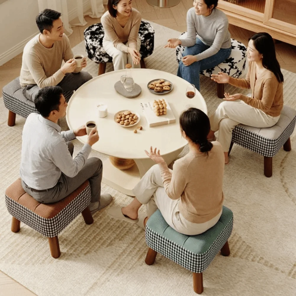 

Soft Upholstered Seat Low Stool Sturdy Wooden Legs Compact Design Ottoman High-End Look Modern Design Cream Style Ottoman