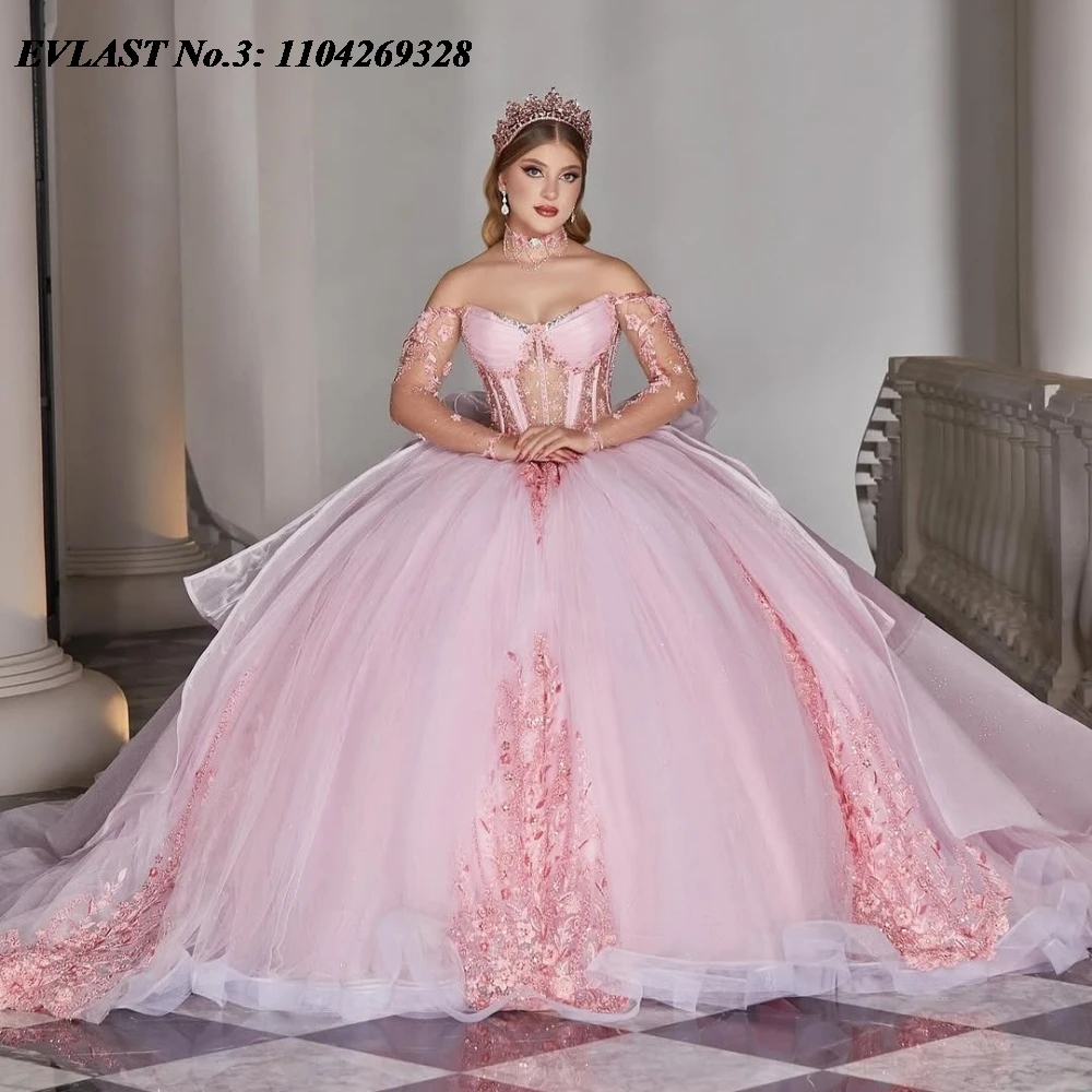 

EVLAST блестящее розовое платье Quinceanera по индивидуальному заказу, бальное платье с цветочной кружевной аппликацией и бантом из бисера, милое платье 16, Vestidos De 15 Anos E3Q675