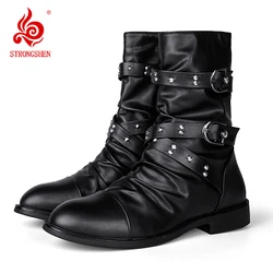 STRONGSHEN Men Fashion Motorcycle Boots Leather Boots Footwear High Top Casual Shoes Military Tactical Boots Gothic Punk Boots