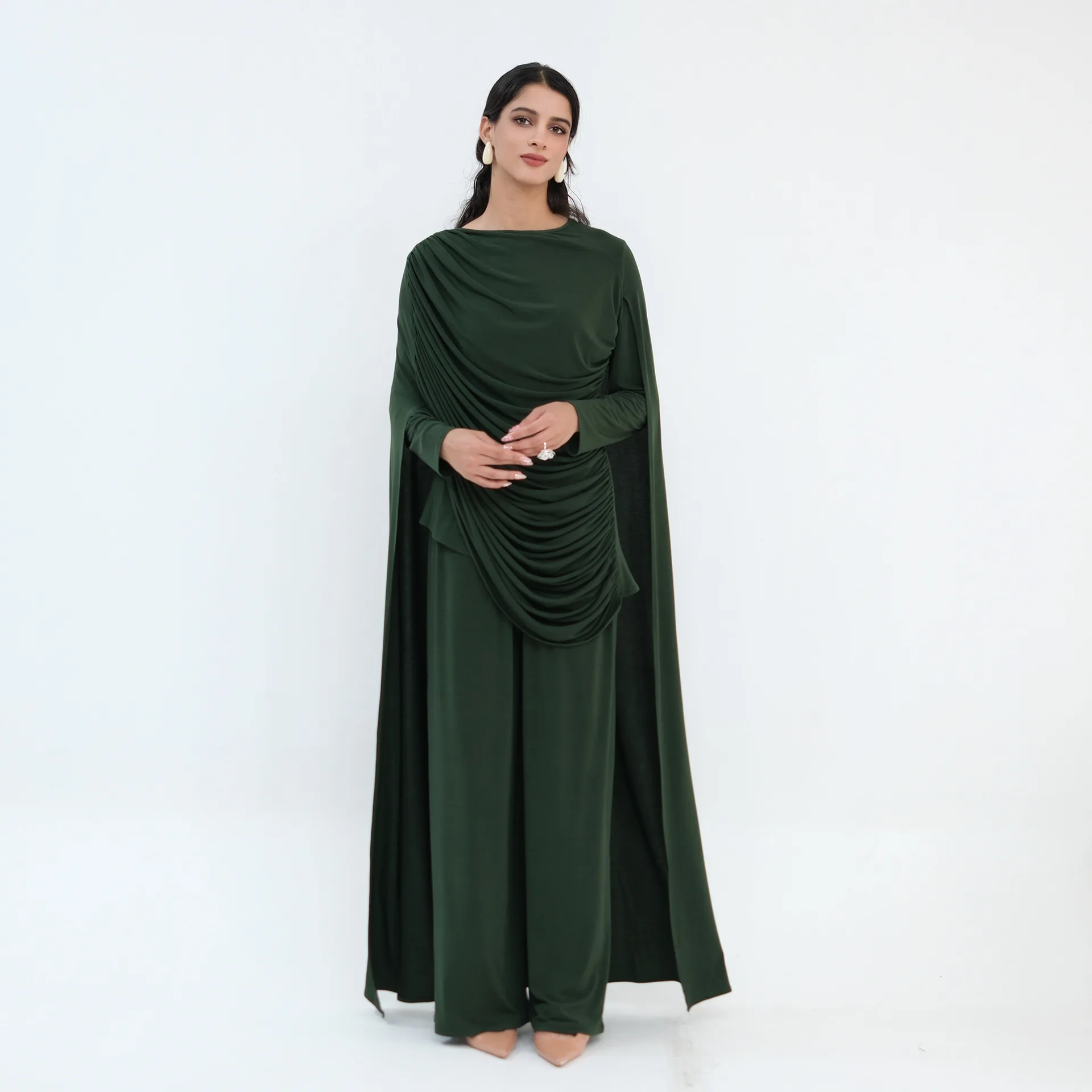 2PCS Eid Muslim Sets for Women Pleated Long Tops with Wide Leg Pants Suit Turkey Kaftan Outfits Robe Femme Musulmane Ensembles