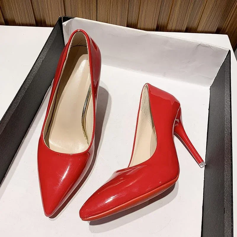 2024 European and American women's fruit colored thin heel light mouth patent leather single shoes 5671