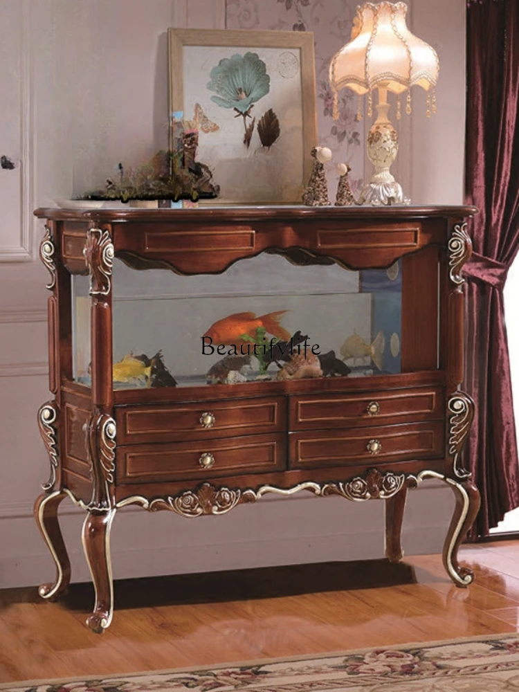 Solid Wood Fish Tank High-End Vintage Engraving Villa Living Room Floor Aquarium Curio Cabinet