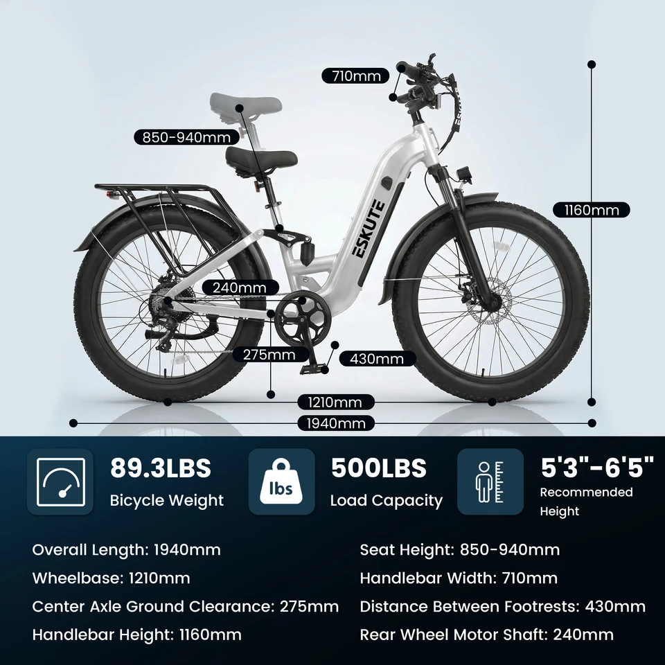 ESKUTE C300R-ST - Full Suspensions -  Electric Bike for Adults ，48V20.8Ah Battery Ebike up to 80 Miles, 26x4.0 Fat Tire Step-Through Ebike, 8-Speed, UL2849 E-Bike image 13
