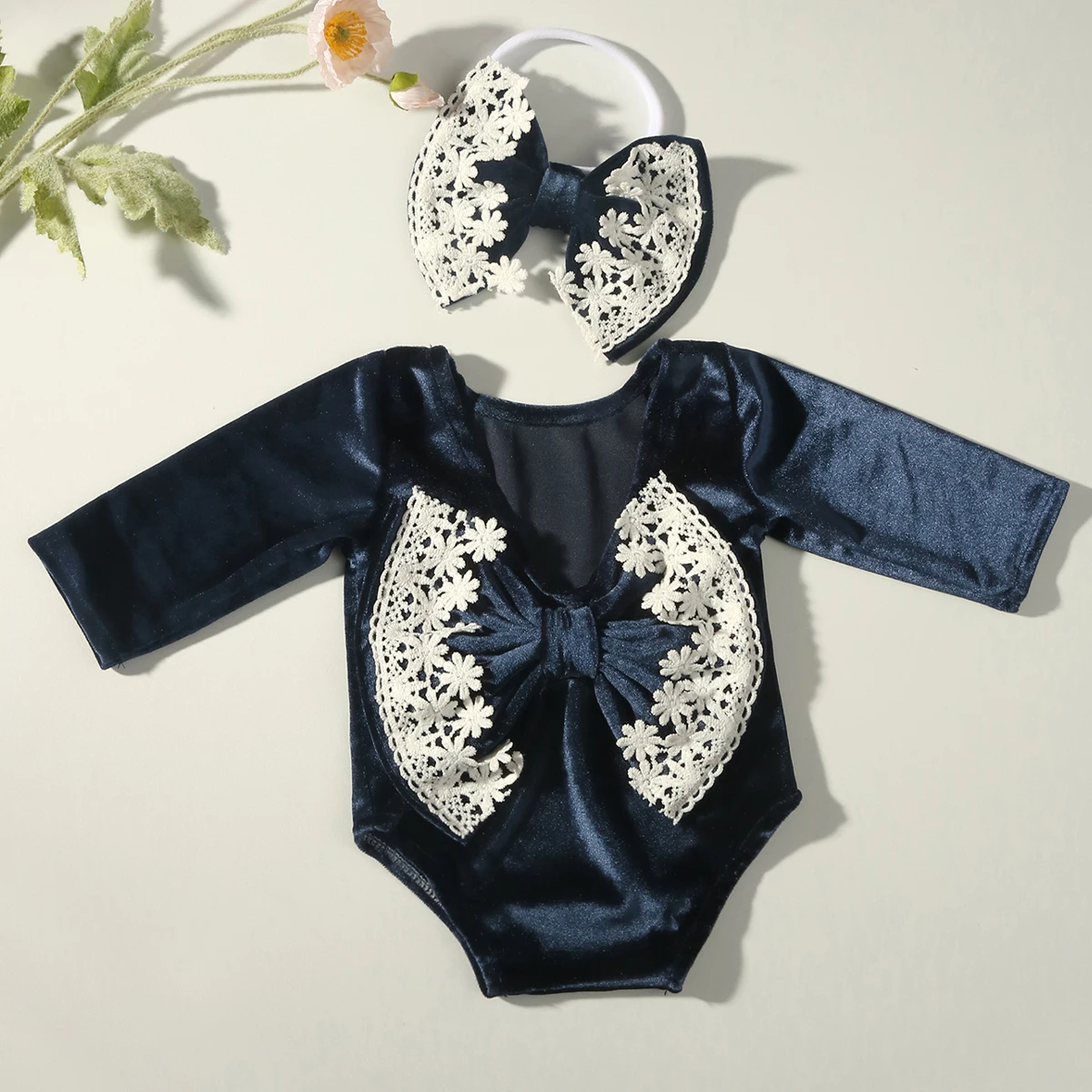 Ylsteed Newborn Girl Photography Outfit Baby Velvet Back Bowknot Lace Romper with Bow Headband Infant Photo Shooting Props