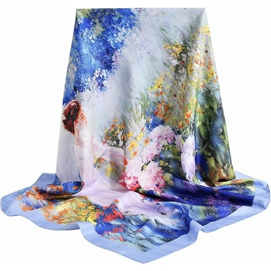 

100% Mulberry Silk Scarf-Printed or Solid Color 35” Square Large Silk Hair Head Wrap Scarf With Gift Box Package, Angel Among the Flowers