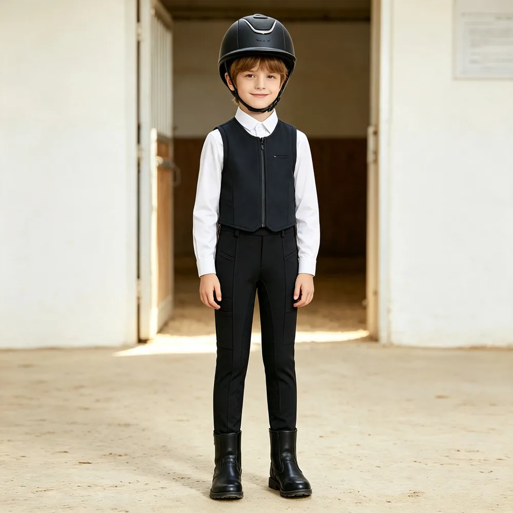 Boys Girls Breeches Pants Equestrian Training Performance Costume Anti-slip Full Seat Multiple Pockets Horse Riding Leggings
