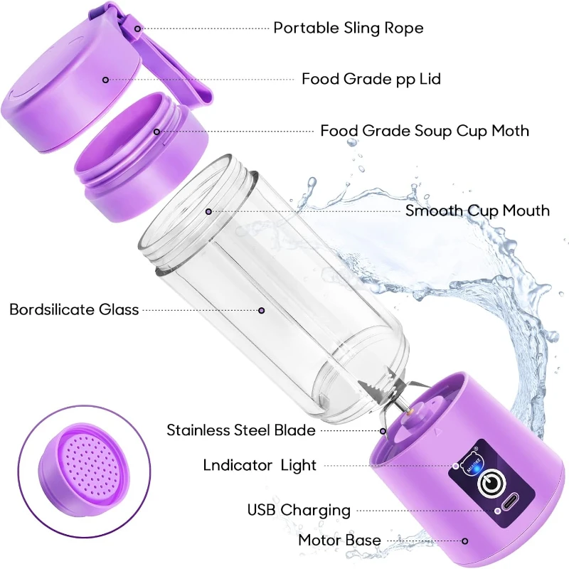 блендер или настольный блендер, мини-блендер для сока, перезаряжаемая от USB чашка для соковыжималки с шестью лезвиями в 3D-блендерах для дома/офиса/на открытом воздухе 1800 Ач