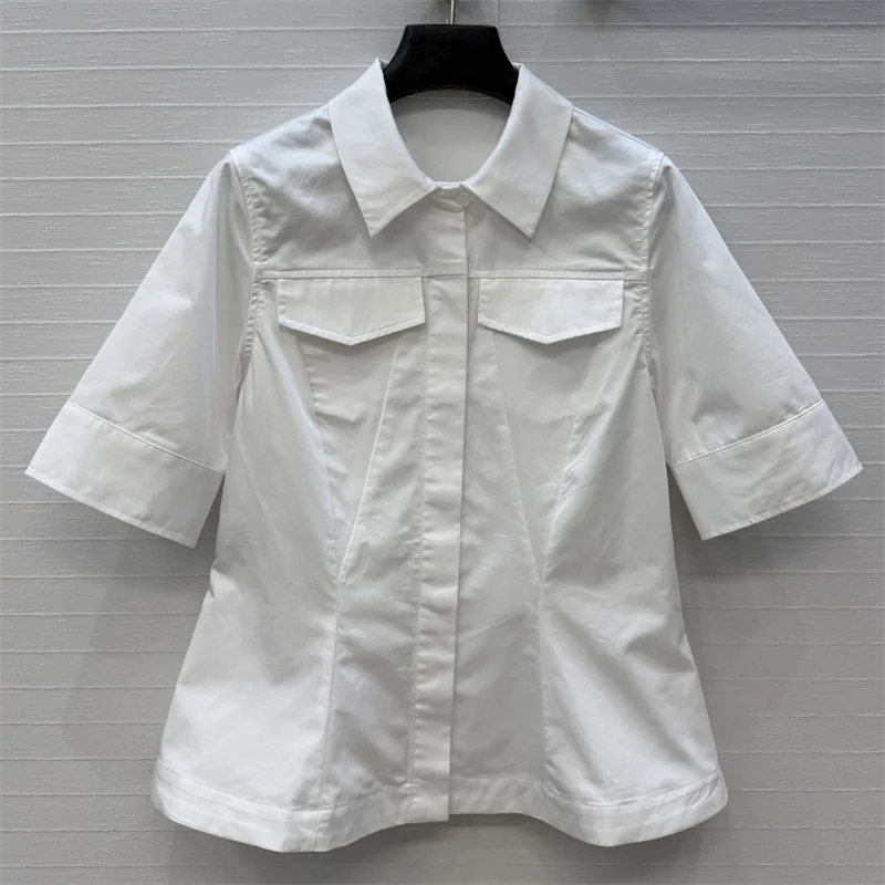 

Women's shirt New single breasted slim fit short sleeved top for summer 2026 High quality pure cotton lapel Women's blouse y2k
