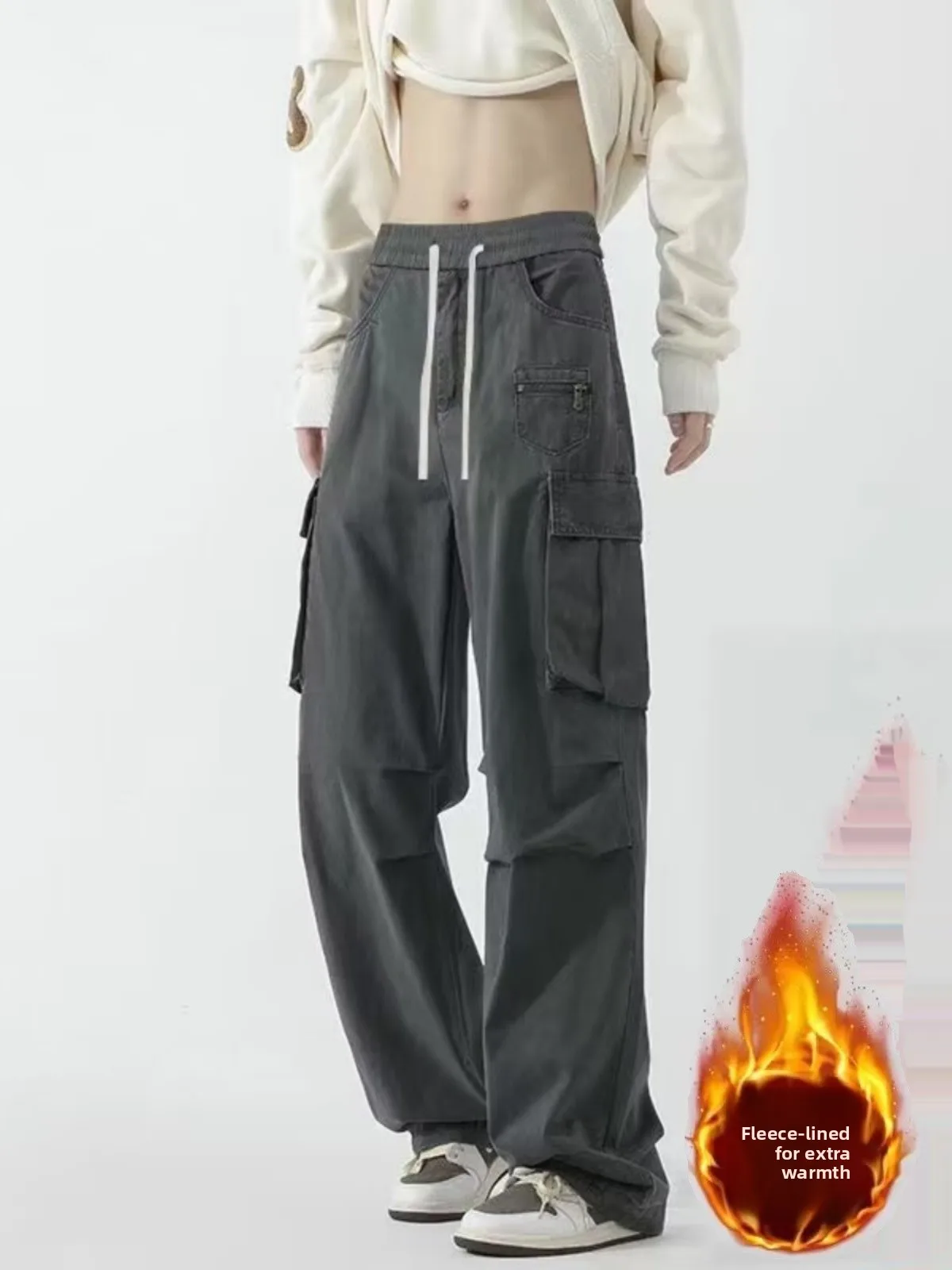 

Autumn Winter American Fce Lined Work Trousers Men's High Street Trendy Loose Straight Leg Casual Long Pants