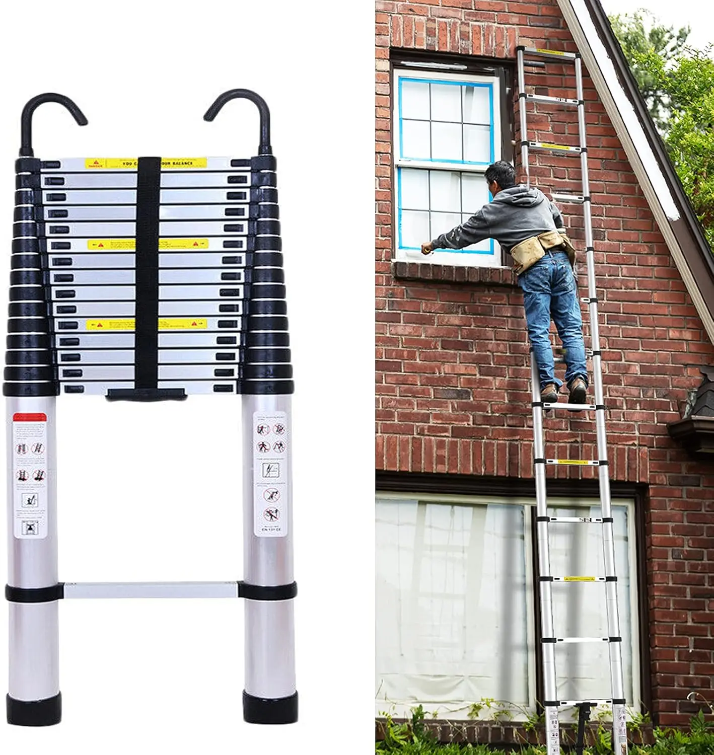 Telescoping Ladder 20.3FT 6.2M Extension Tall Loft Ladder with Hooks Slow Down Design Extendable Ladders Portable for Household