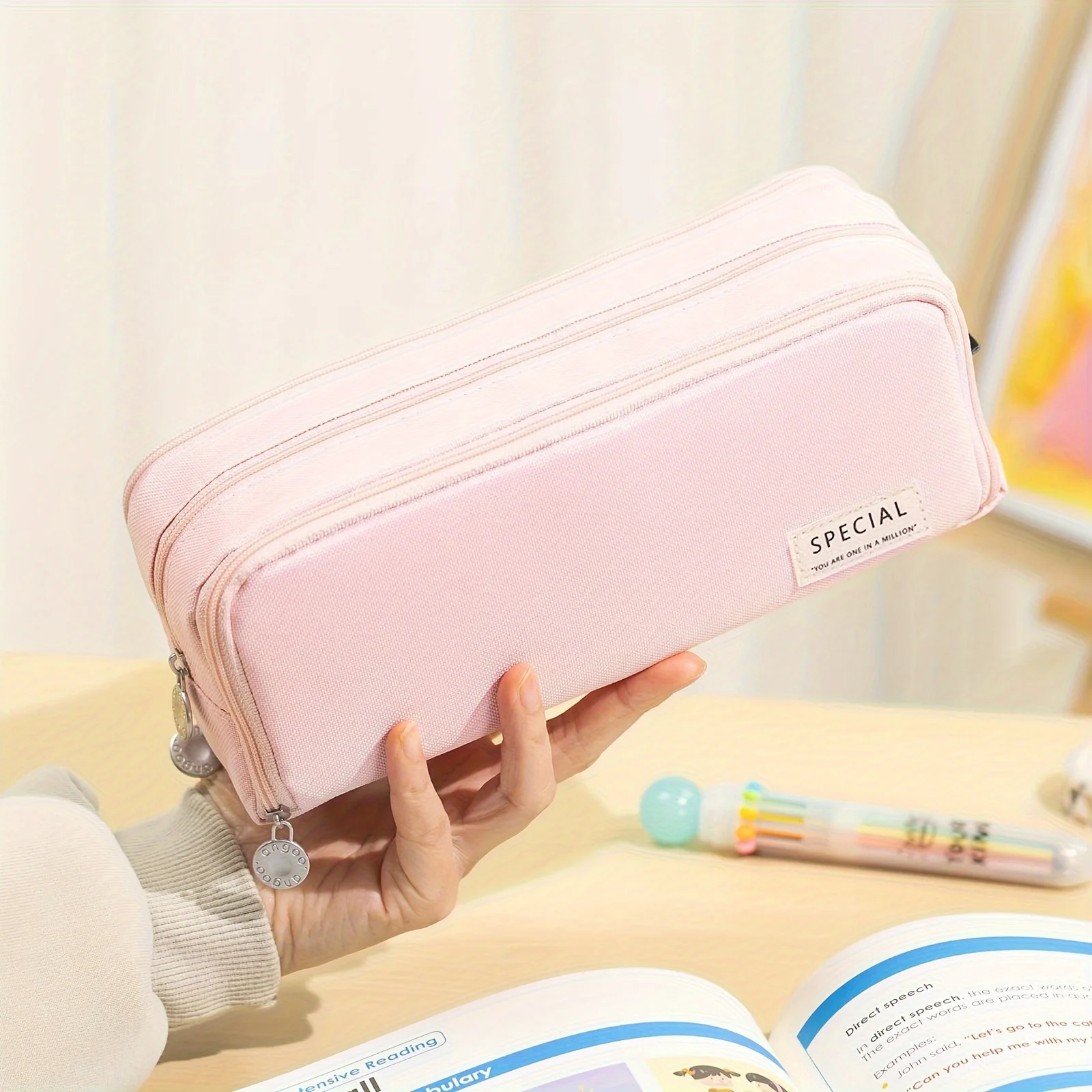 Pink girl-style pencil case with multiple layers and large capacity, sturdy and durable. Perfect partner for stationery storage