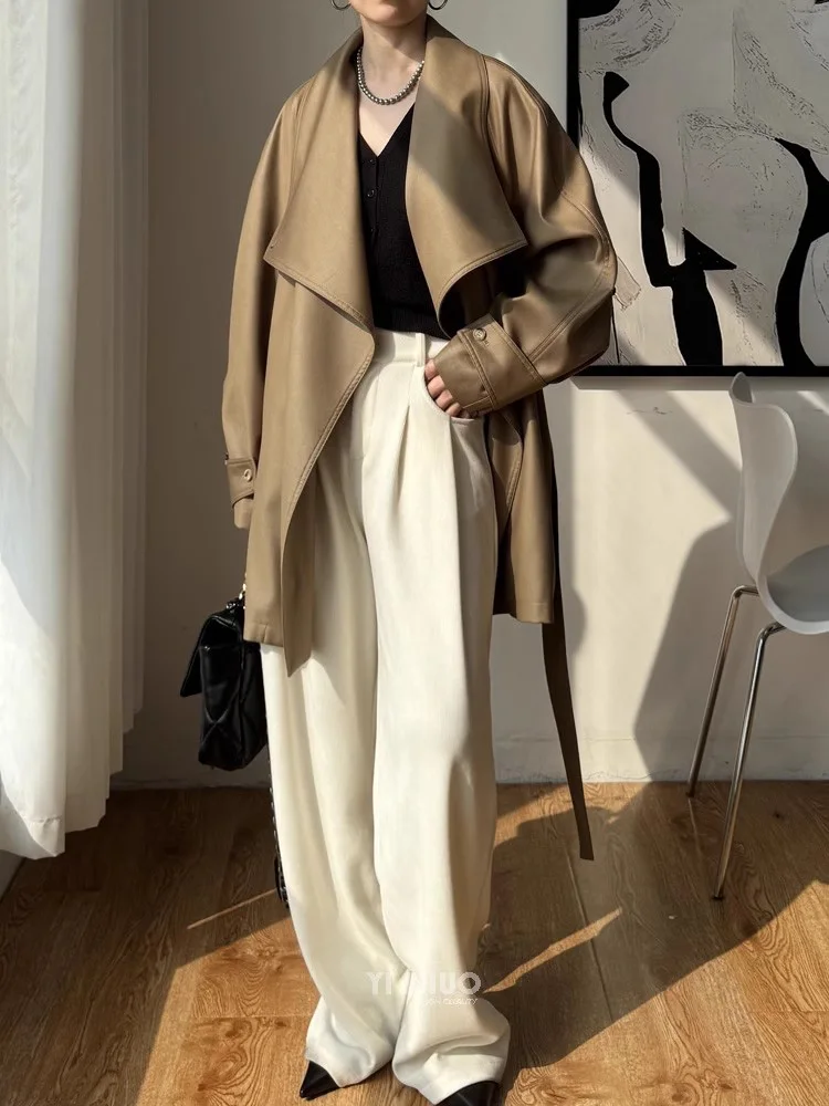 

High-end khaki black short trench women fashion jacket with big lapel elegant stylish lace-up coat for spring autumn