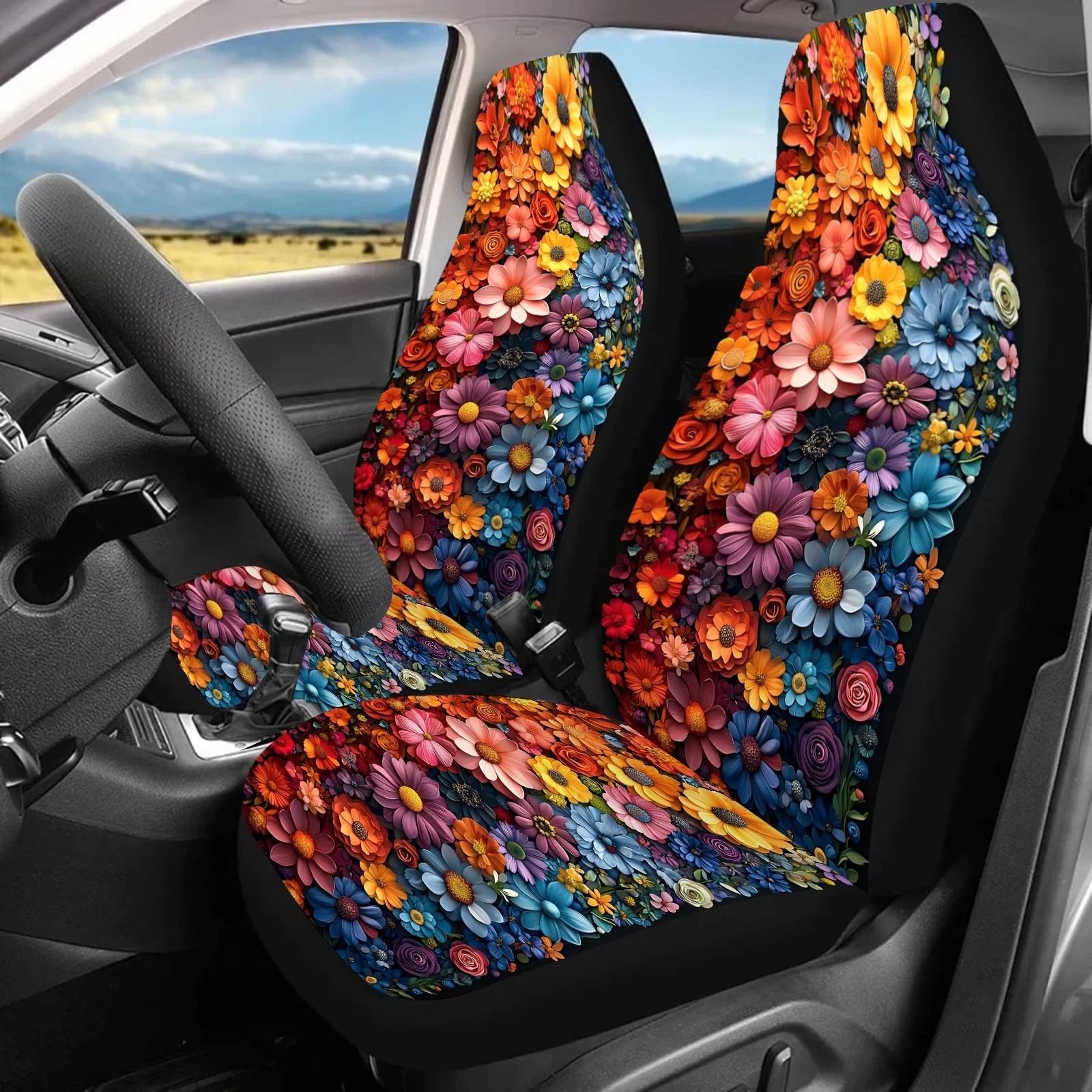 

2pcs Colorful Floral Print Car Seat Covers - Fit For Cars, SUVs, Trucks - Soft Foam Padding & Durable Fabric - Stylish Front Sea