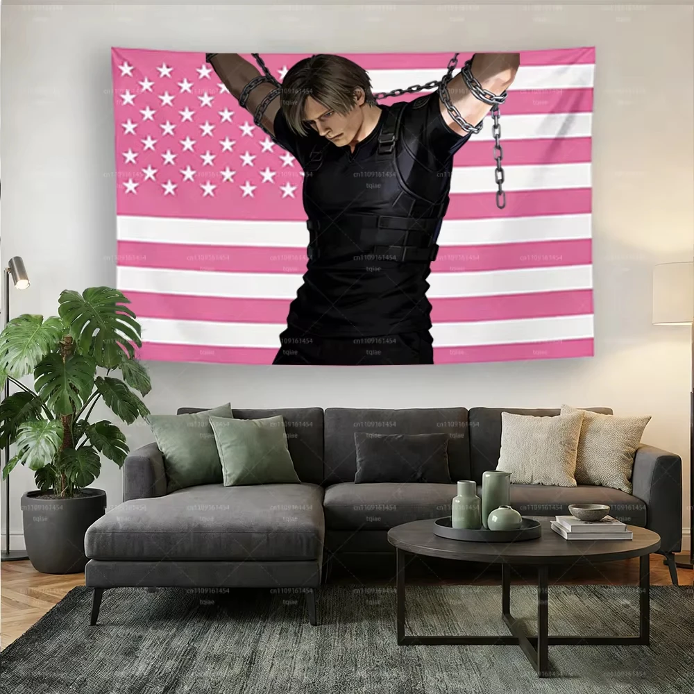 Leon Kennedy Pink American Flag Tapestry, Resident Evil Meme Wall Hanging, Funny Chains Aesthetic Decor for Bedroom Dorm Gaming