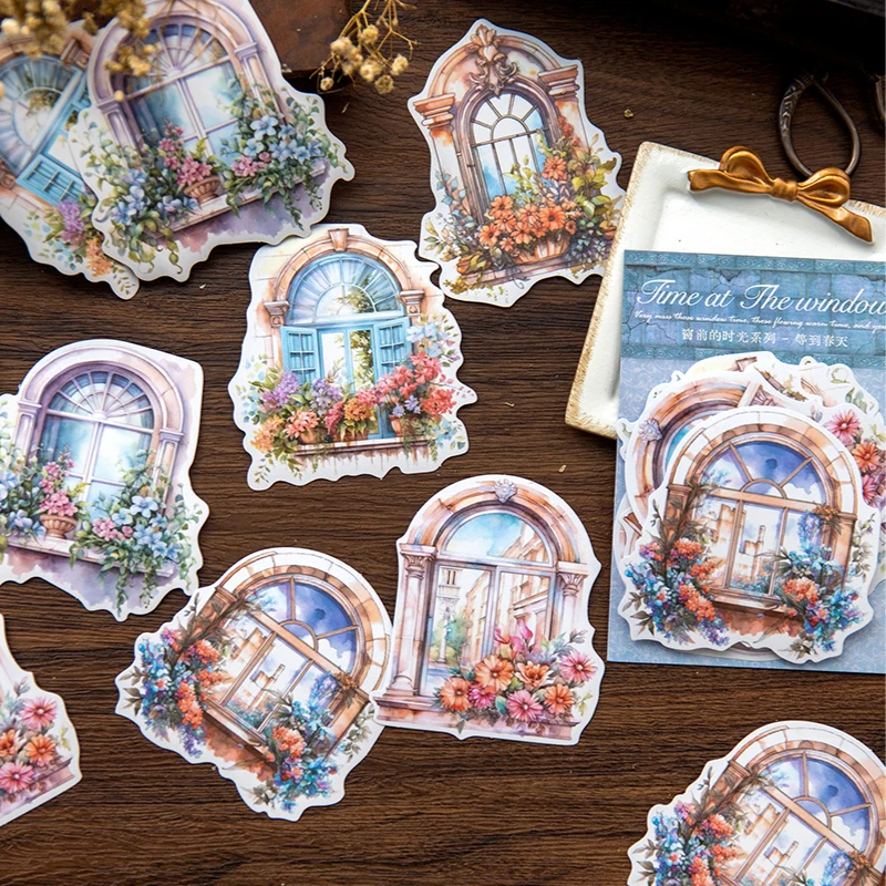 Card Lover- 10 Pcs [Time At the Window Series] Aesthetics Journal Stickers Washi Paper Sticker Paper Material Scrapbook Kit