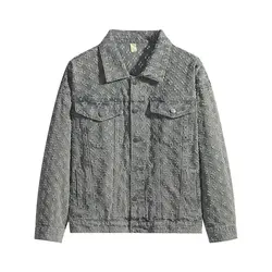 American Spring Autumn Jacquard Pattern Mens Denim Jackets Loosen Fit Vintage Jeans Coats Male Casual Lapel Shirt Wide-Leg Pants