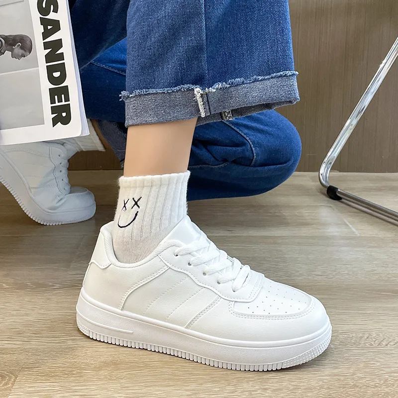 Women's Board Shoes Thick Sole Round Toe Lace Up Sneaker Solid Color Fashion Casual Versatile Outdoor Sports 2024