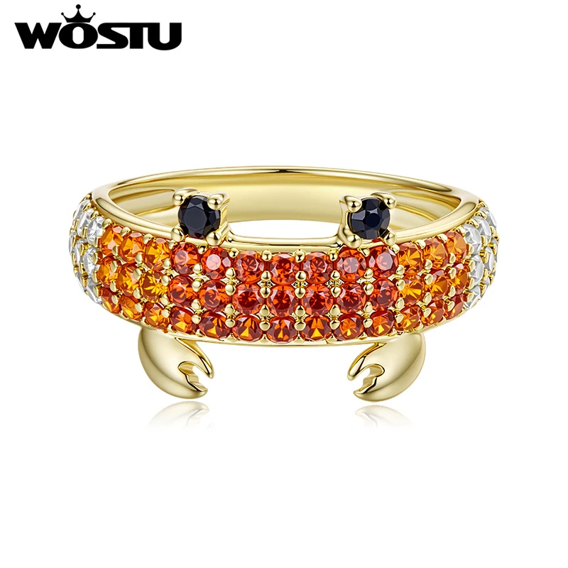 WOSTU 14K Gold Plated Brass Crab Ring With Brown Zirconia, Hypoallergenic Cute Ocean Animal Ring Jewelry Gift for Women & Girls