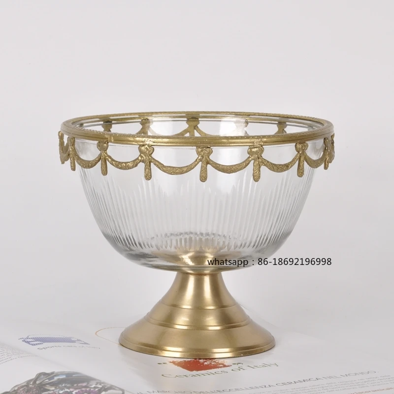 India Imported American Retro Brass with Glass Storage Plate Light Luxury Home Living Room Desktop Fruit Plate Decorative Orname