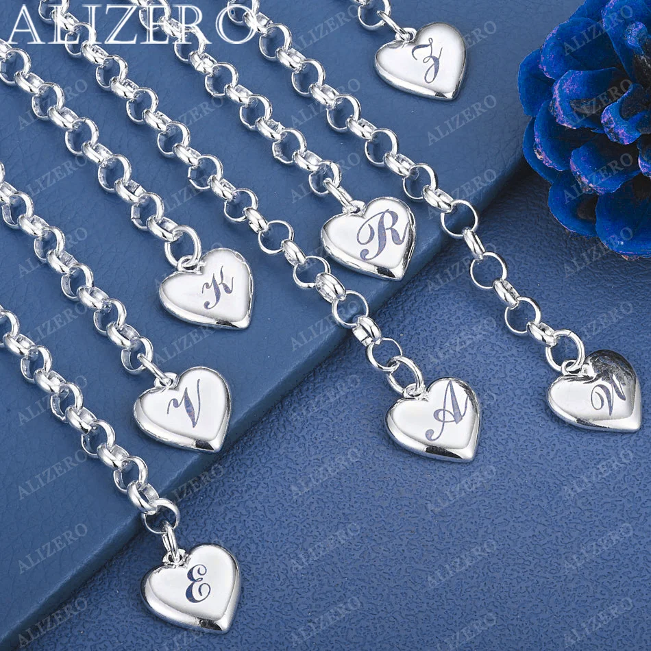 

ALIZERO 925 Sterling Silver Fine 26 Letter Women Men Chain Bracelet Charm Heart Cute Wedding Personality Jewelry Gift Party