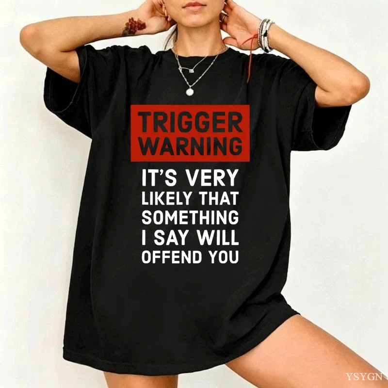 Summer T Shirts Mens Womens T Shirt Trigger Warning Humorous Printed T-shirt Round Neck Loose Fit Tshirt Short Sleeve Tops