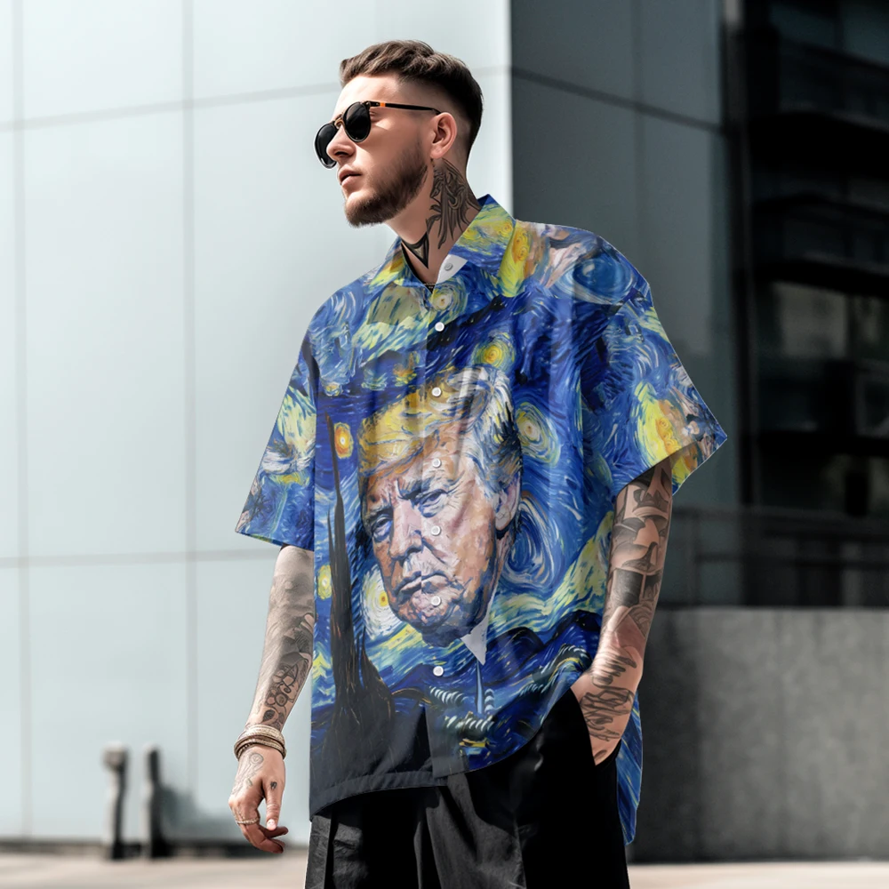 

Summer casual oversized short sleeved shirt with portrait print, loose Hawaiian beach fashion, comfortable single row buttons