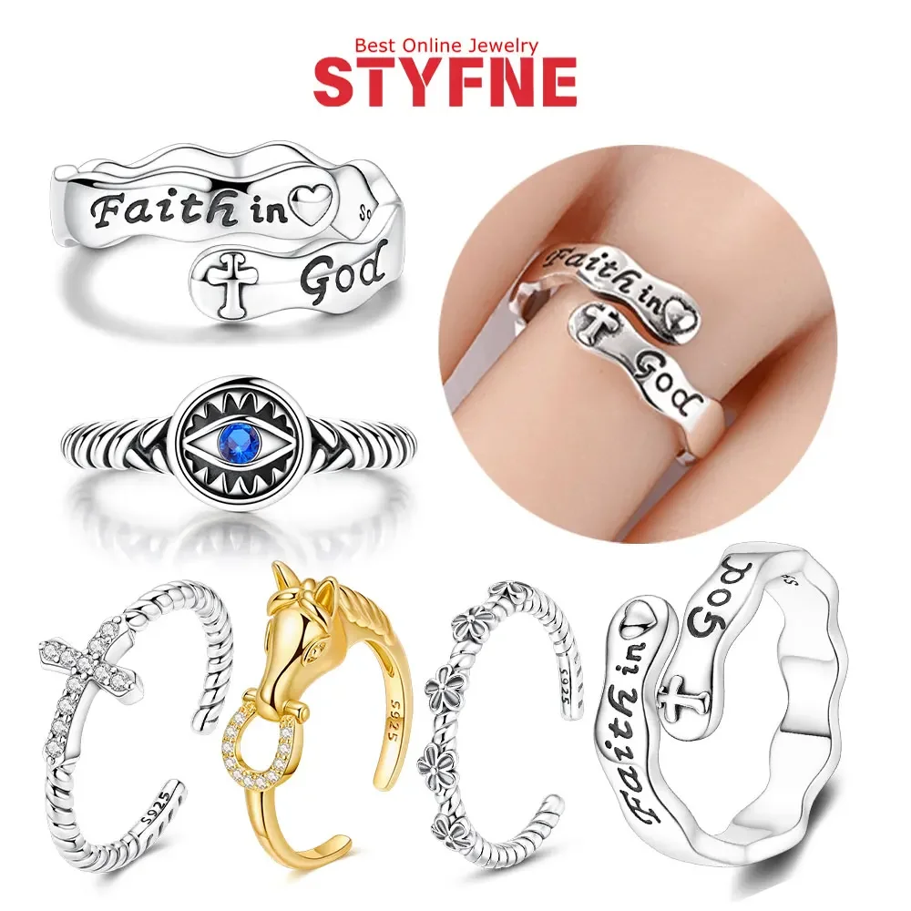 Original S925 Silver Faith Evil Eye Horse Cross Collection Open Rings Zircon Engraved Text Stackable Adjustable Rings for Women