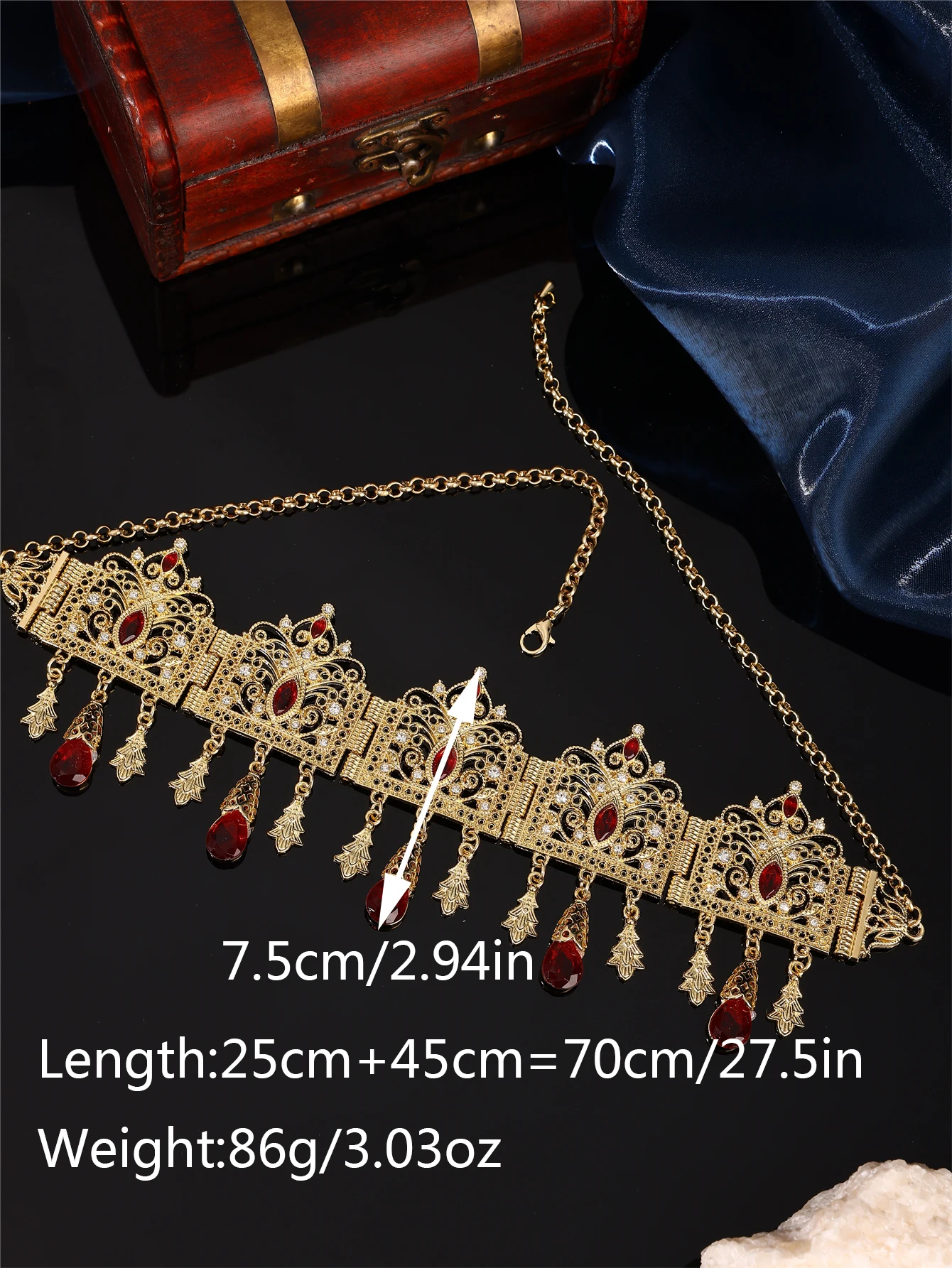 1 Stück Modische Damen-Kopfkette mit Ausgehöhlter Gravur & Kristallanhänger - Marokkanischer Damen-Hochzeits- & Festivalschmuck – Detail 6