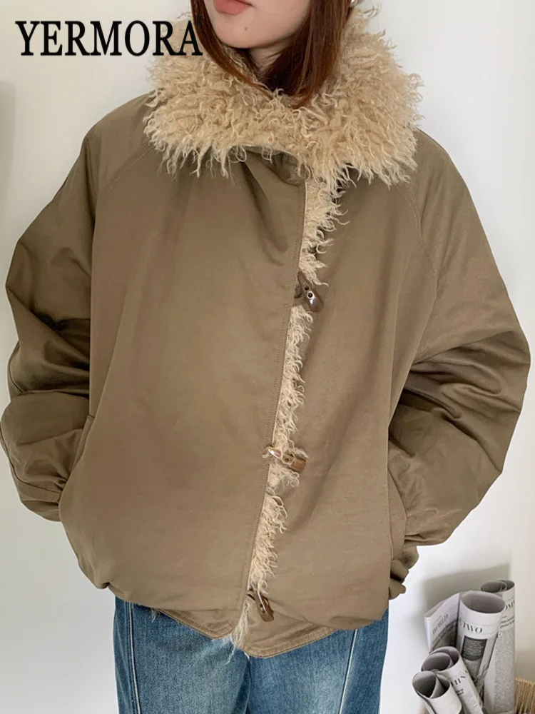 

YERMORA Brown Asymmetric Buckle Thick Padded Jacket For Women Lapel Long Sleeve Loose New Parkas Fashion Tide Autumn Winter 2025