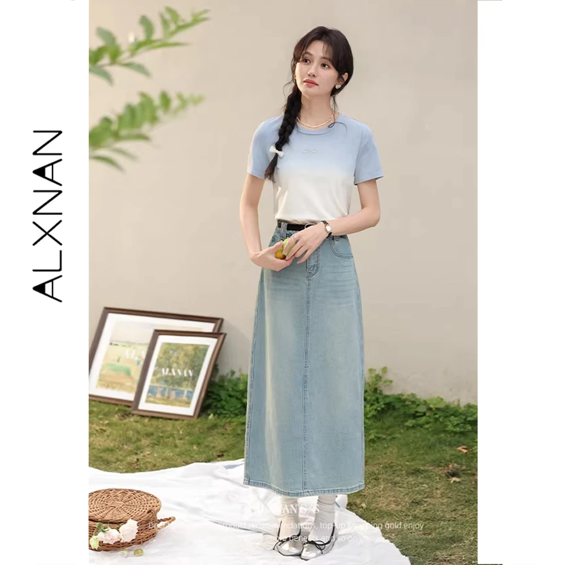 

ALXNAN Gradient Blue T-shirt Cotton Casual Short Sleeve T-shirts Women 2026 Summer Loose-fit Office Elegant Tops Female L537108