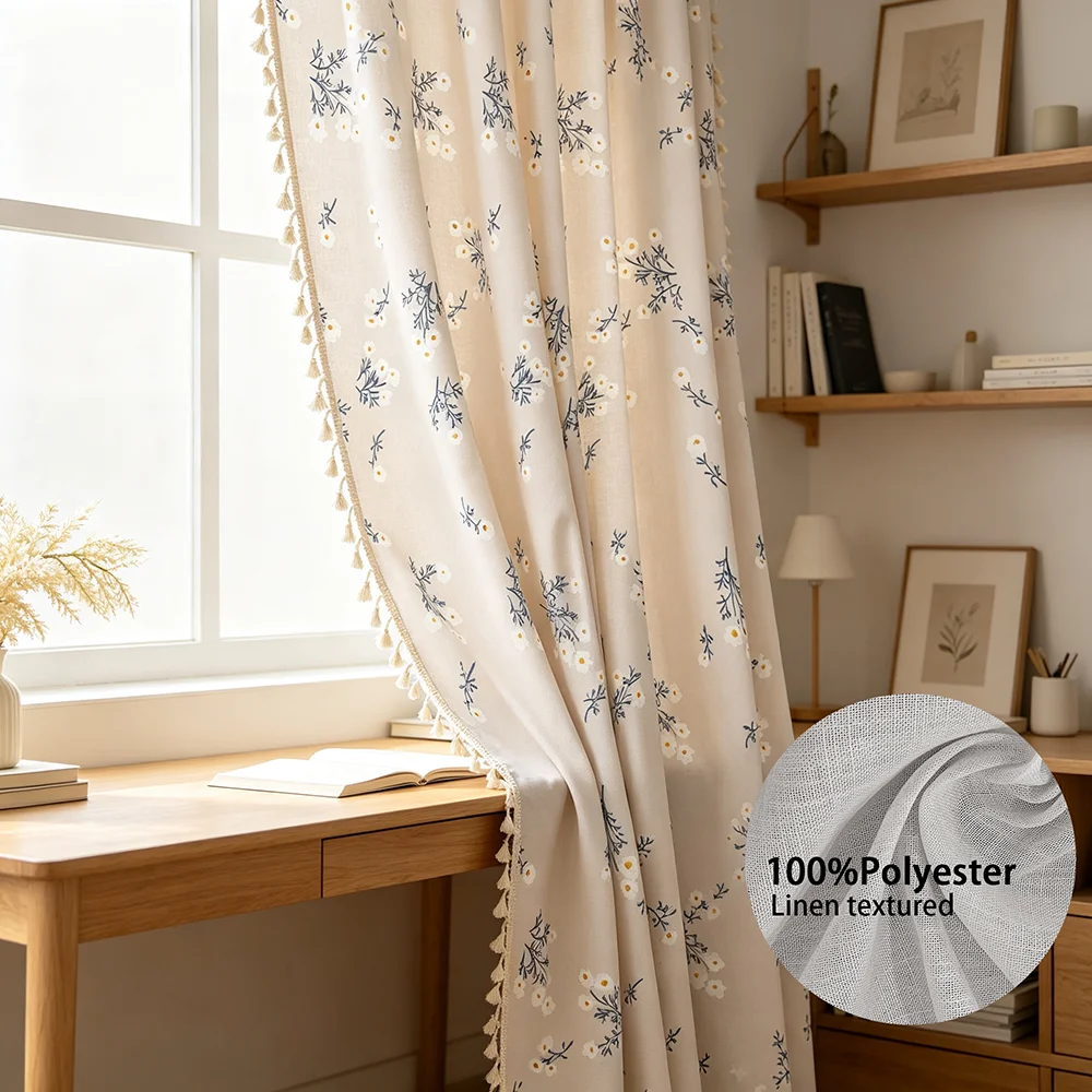 1PC Beige Daisy Tassel Curtain, White Wildflower Print Cotton Linen Semi Sheer Curtain with Rod Pocket for Bedroom Decor