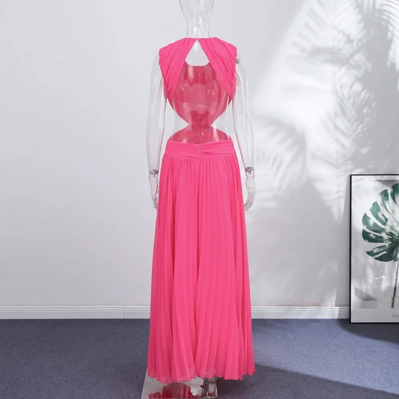 Elegantes plissiertes Damen-Maxikleid mit hohlem Rückenausschnitt, ärmellos, O-Ausschnitt, für Party und Urlaub, A-Linien-Kleider für Damen, Sommer 2026 Roben – Detail 4