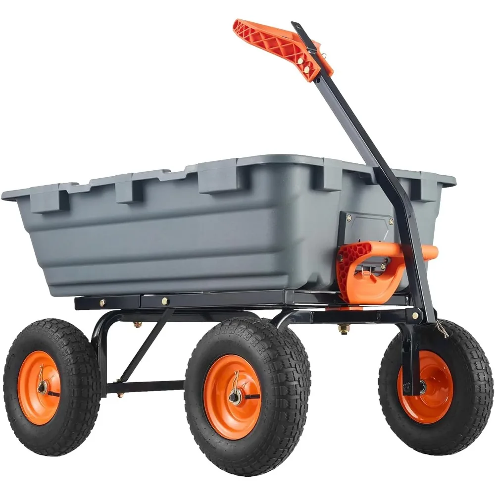 

800 lbs garden dump carts, heavy duty yard cart, 4 wheel wheelbarrow with 10in tires, 180°rotating handle, steel frame and quick