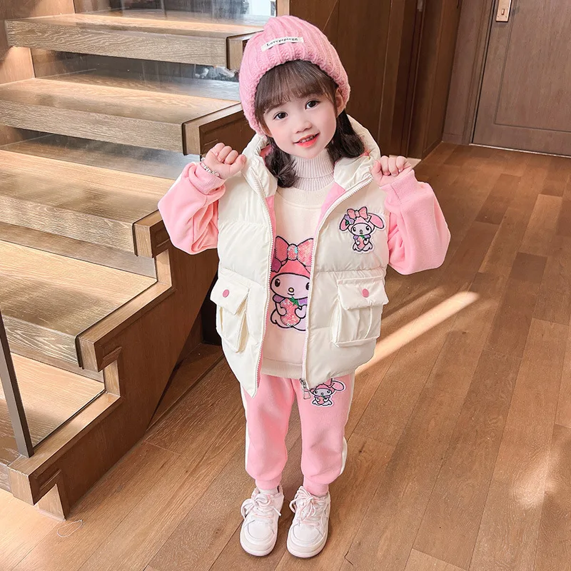 Sanrios My Melody Kuromi Cinnamoroll Girl Fleece Suit Autumn Winter Kids Clothing Vest Baby Thickened Sweatshirt Three-Piece Set