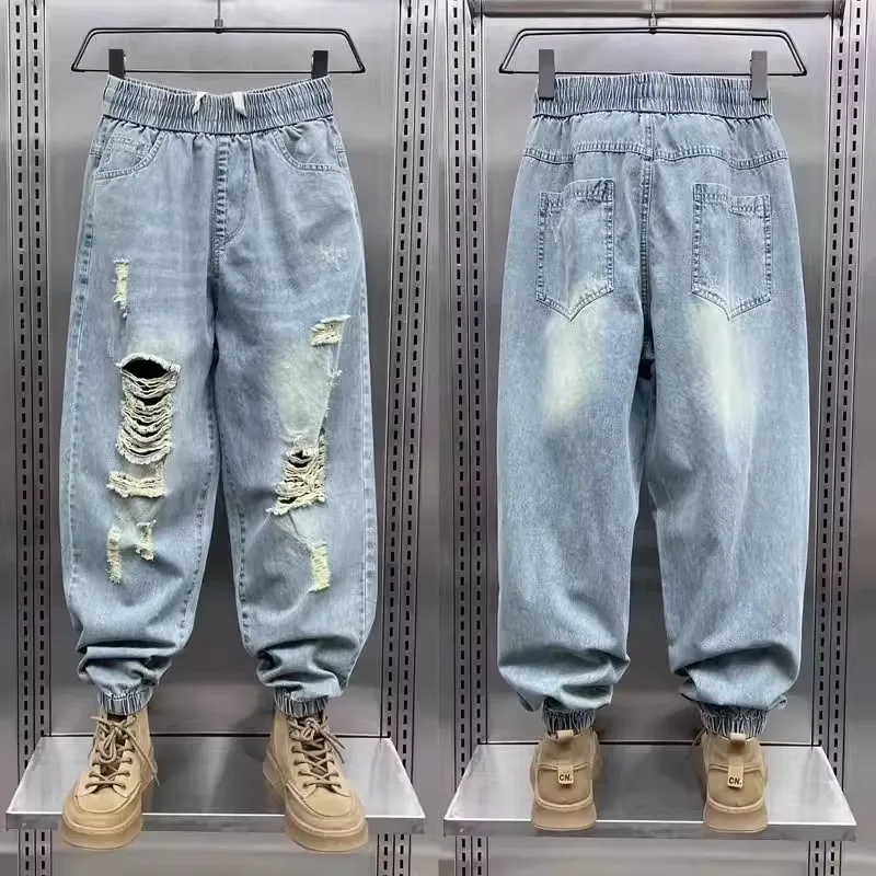 

Summer Large Size 300 Pounds Ripped Denim Men's Trendy Brand Nine-Point Loose Long Harenn Pants Casual Comfortable Polyester ...