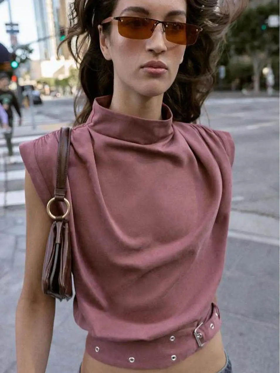 High Collar Sleeveless Button Detail Pleated Design Faux Suede Effect Top Women's Summer Citywalk Short Length 3D Effect T-shirt