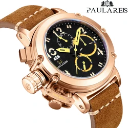 PAULAREIS P Automatic Mens Watch Self Wind Mechanical Watches Leather Strap Luminous Hands Fashion Multifunction Watches Male