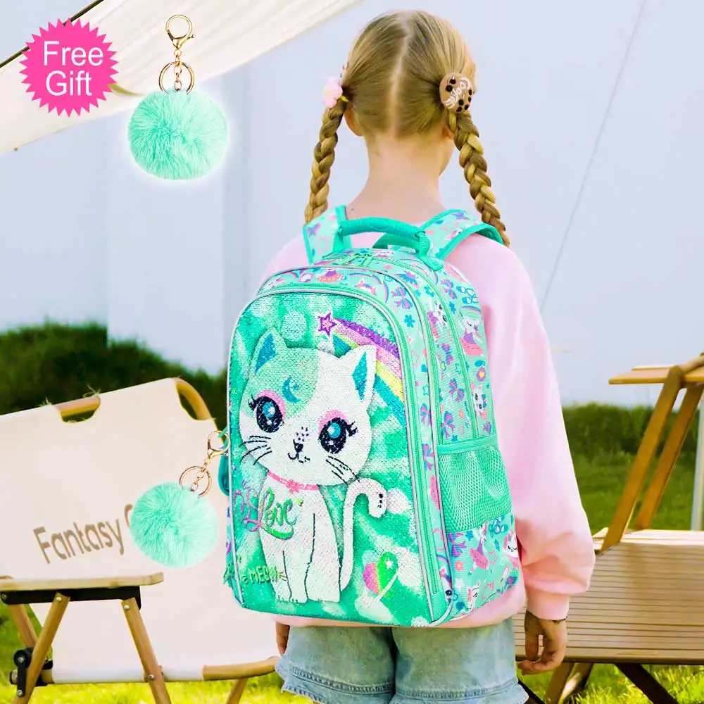 3PCS Girls Backpack, 16”Kids Cat Sequin Bookbag with Lunch Box, Water Resistant School Bag for Elementary Preschool Toddler