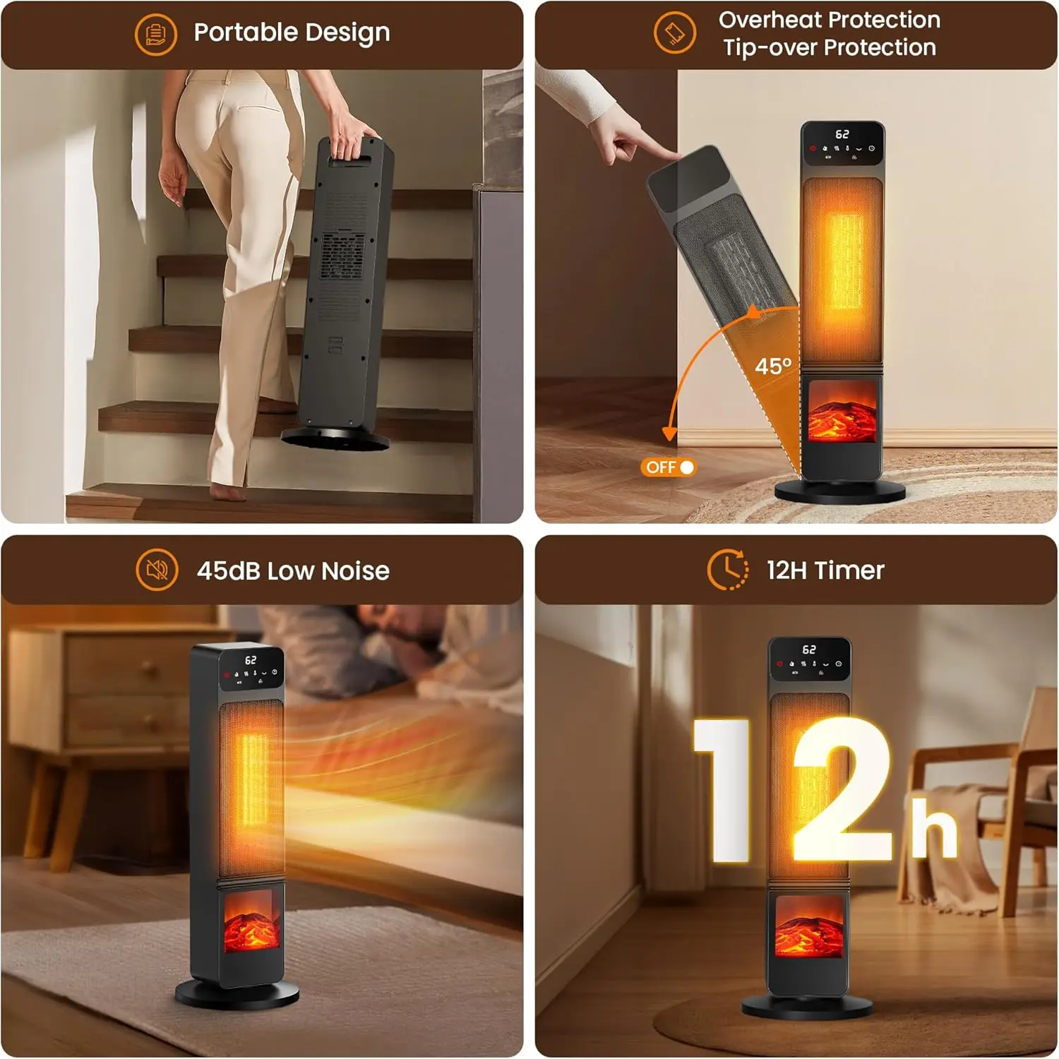 타워 히터 및 팬 콤보, 1500W PTC 전기 벽난로(3D 불꽃 포함), 90 °   진동, 리모컨, 타이머, 어린이 보호 기능, 에코 모드