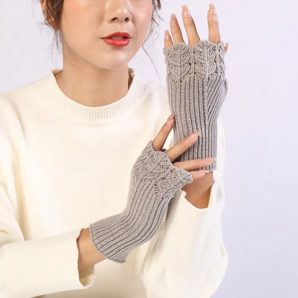 All-Match Vintage Knitted Gloves Hollow Out Half Finger Winter Wool Gloves Waterproof Touch Screen Crochet Flower Mittens Autumn