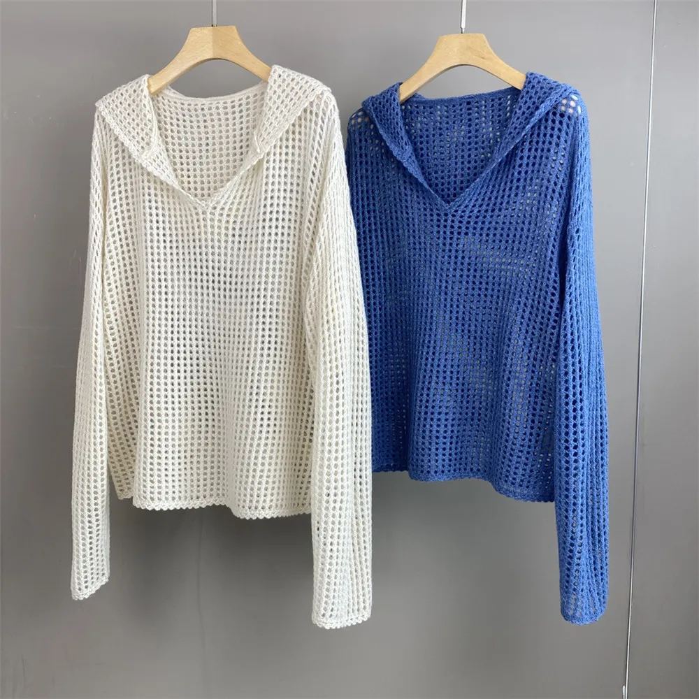 

Women's Clothing 25 New High-End Cashmere Hooded Hollow Out Comfortable Knitted Long Sleeved LooseTop