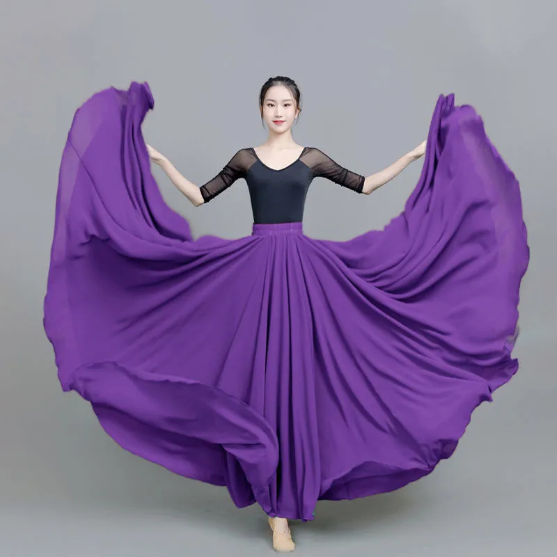 720 Degree Chiffon Skirt Ballet Belly Dance Women Gypsy Long Skirts Dancer Practice Wear Assorted Solid Purple Gold Dance Skirt