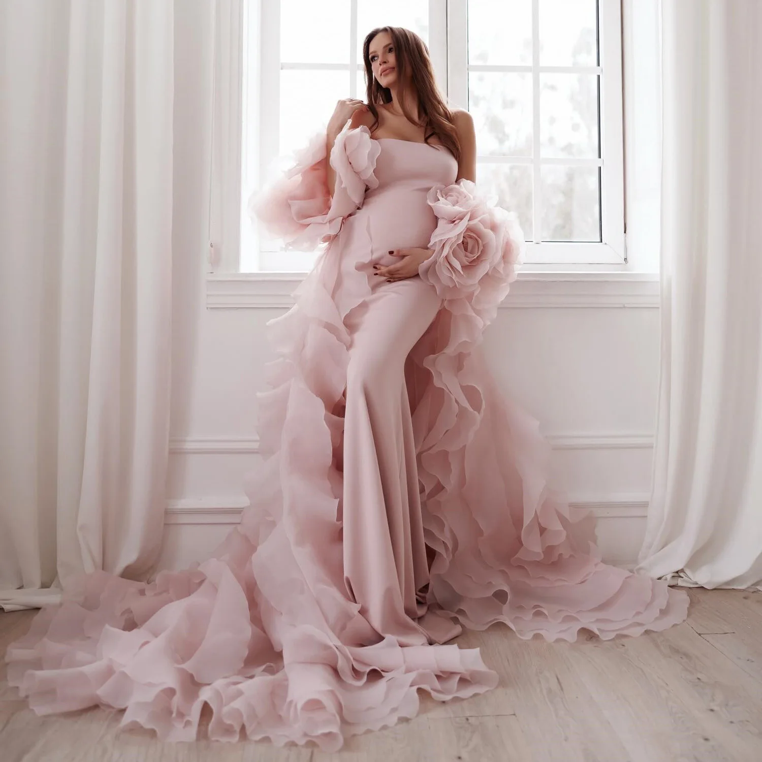 

Elegant Pink Mermaid Maternity Dress Photoshoot Bodycon Pregnancy Dress with 3D Flower Detachable Train Baby Shower Dresses
